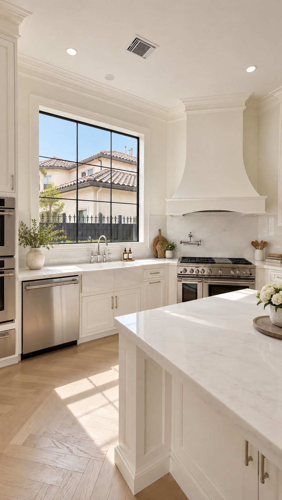 Bright kitchen with pale cabinetry, stone countertops, large windows, metal appliances and a central island.