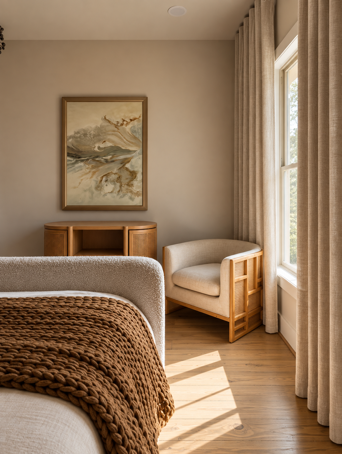 Warm bedroom corner with neutral armchair, wood nightstand, framed artwork and sheer window curtains