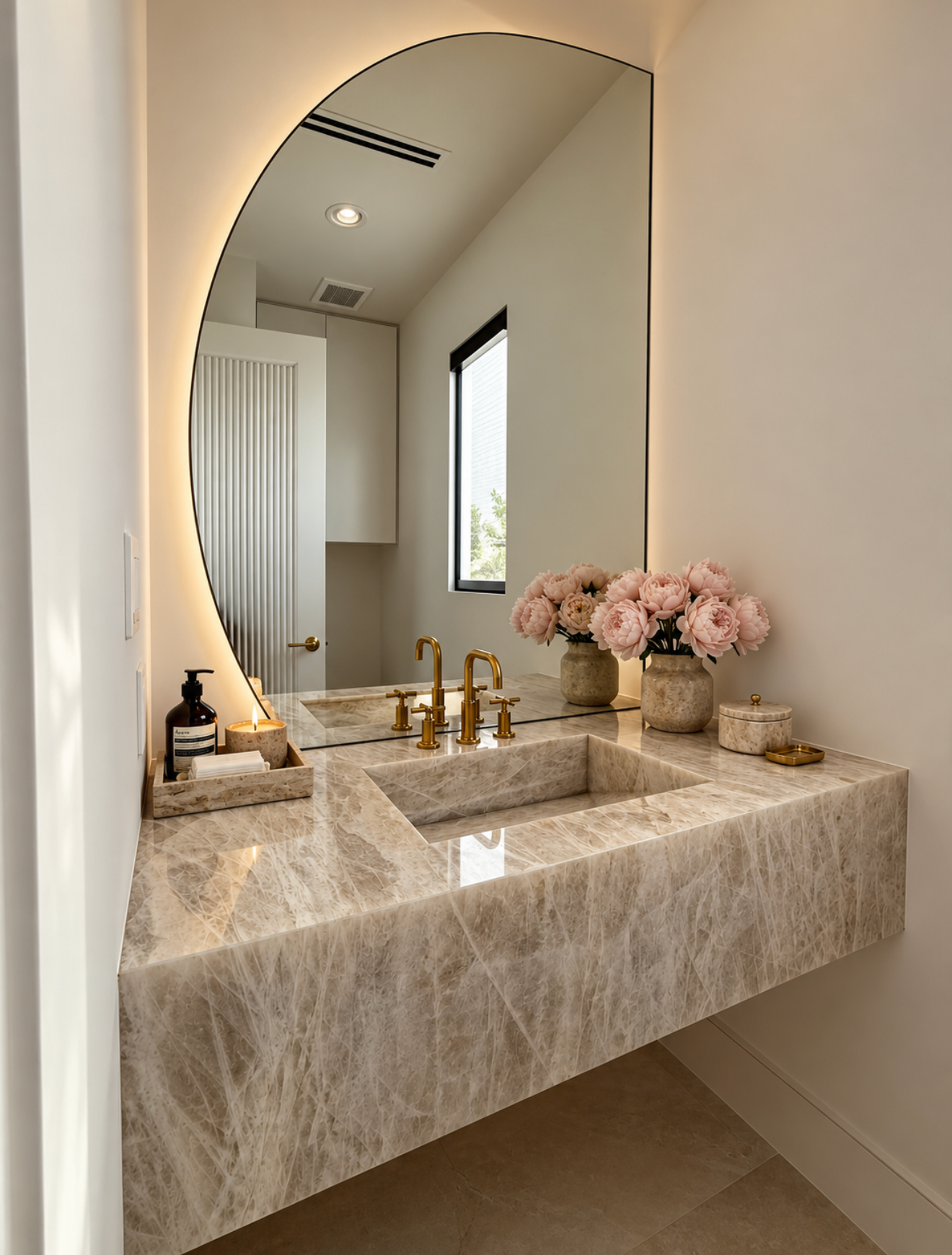 Stone vanity beneath an oversized arched mirror with warm lighting, decorative accessories and floral arrangement.