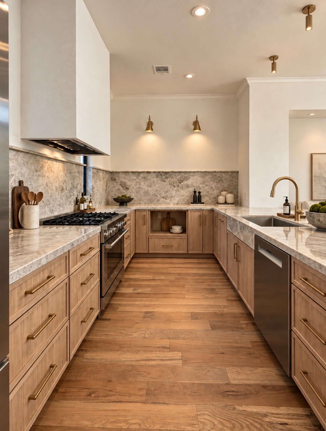Galley-style kitchen with warm wood cabinetry, stone countertops, wood flooring and dark metal range hood.