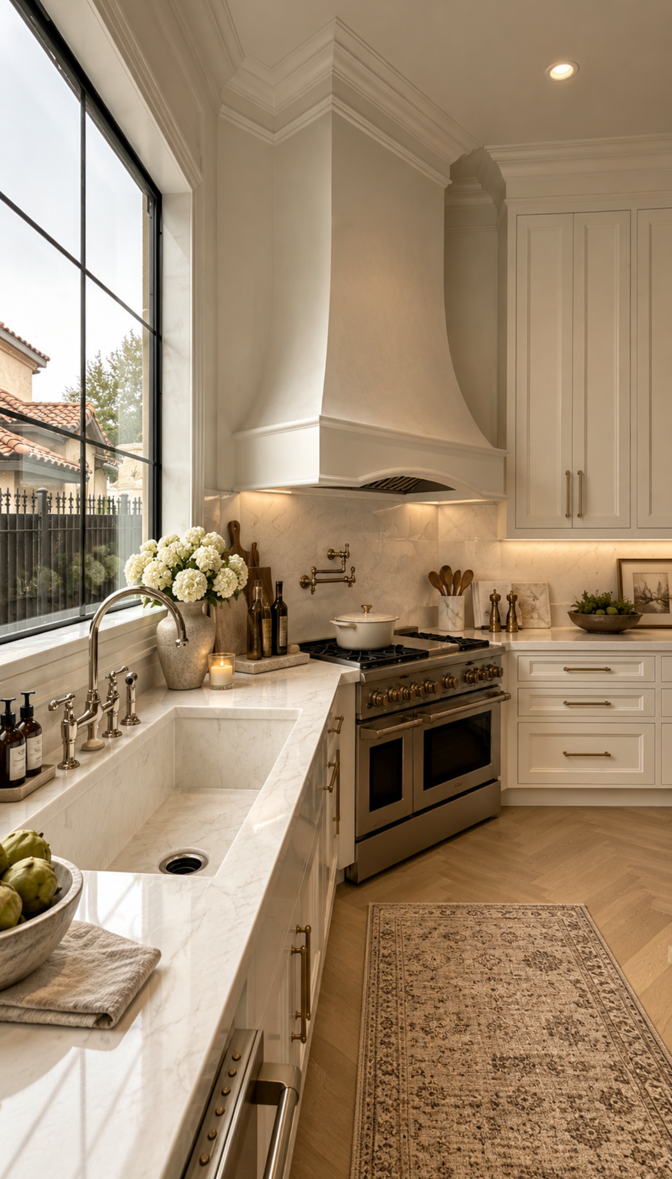 Bright kitchen corner with pale cabinetry, stone countertops, metal range, decorative hood, large window and warm wood flooring.