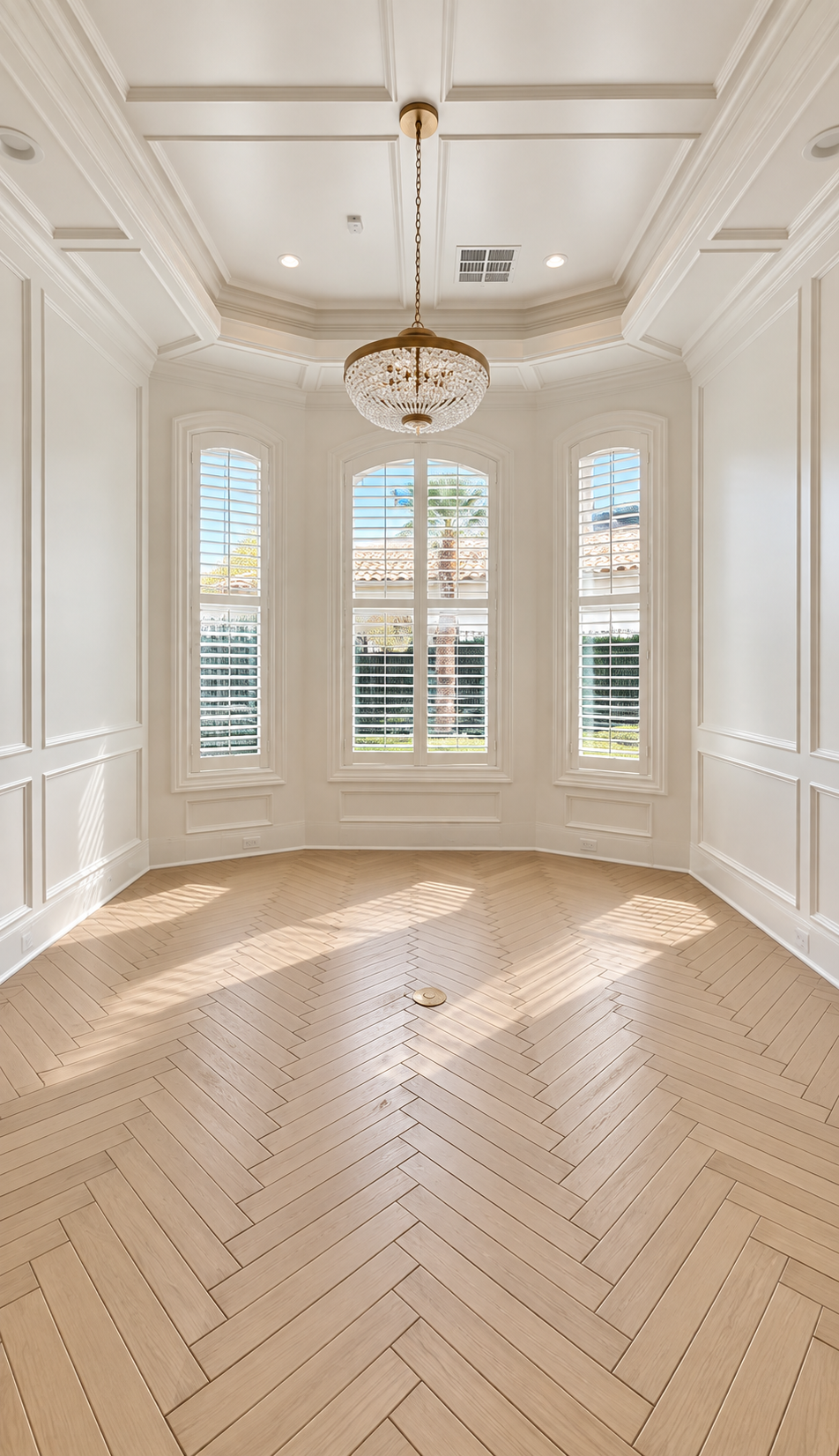 Sunlit window bay with three tall windows, white paneled walls and pale herringbone wood flooring.