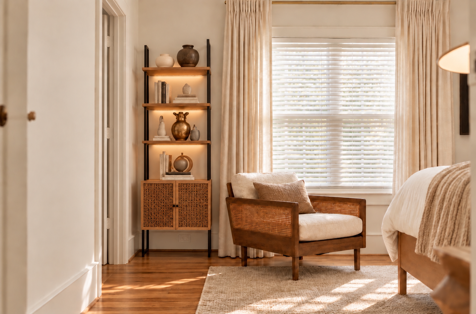 Warm reading corner with woven wood chair, open shelving, neutral textiles and natural window light.