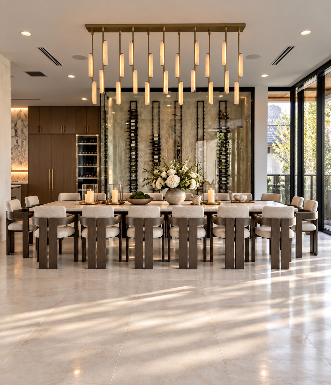 Formal dining room with long dark wood table, upholstered chairs, statement lighting and dramatic architectural details.