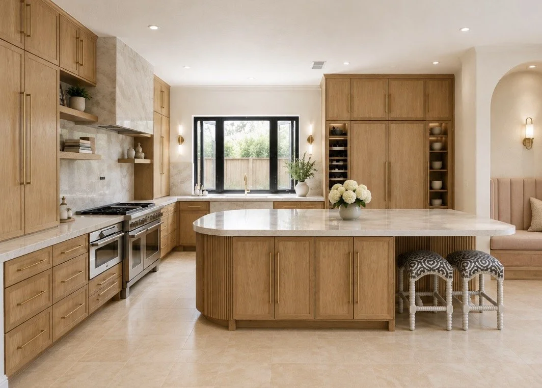 Spacious oak kitchen with oversized stone island, integrated storage, professional range and black-framed windows