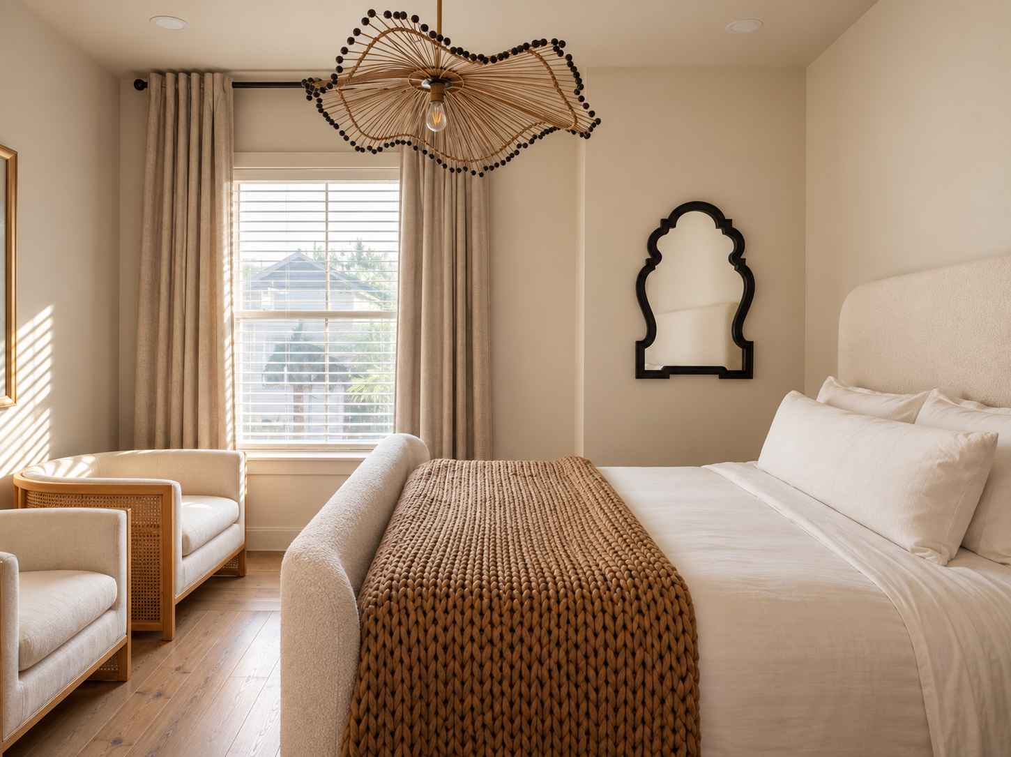Neutral bedroom with upholstered bed, woven throw, sculptural black mirror and statement pendant light