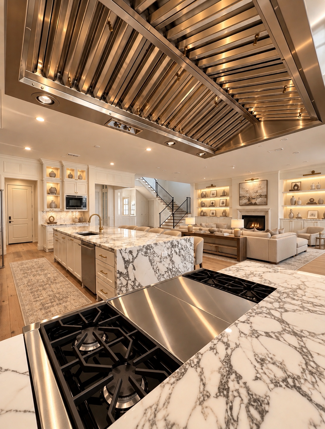 Close view of a professional-style cooktop integrated into dramatically veined stone with a large stainless steel ventilation hood above.
