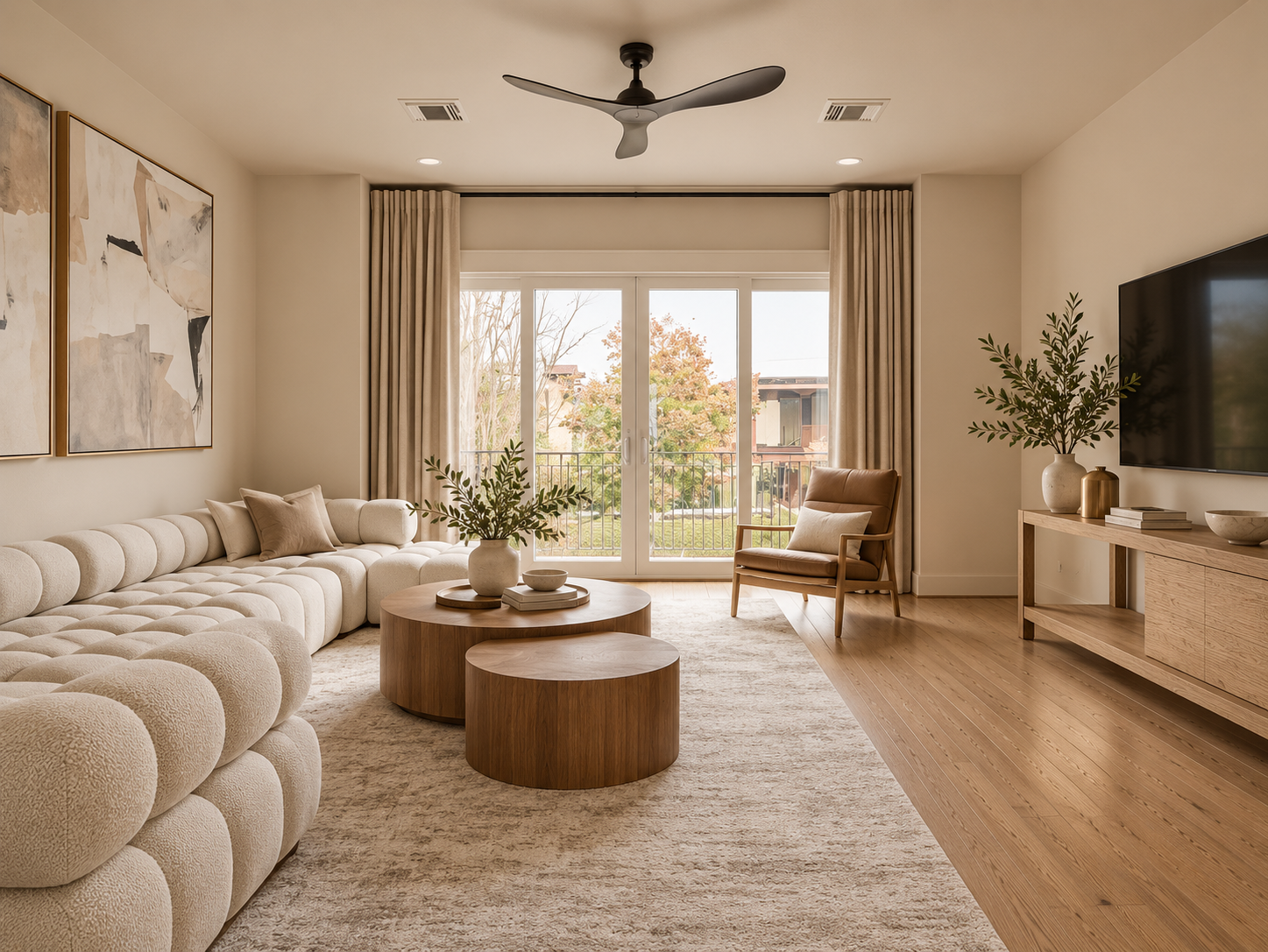 Bright living room with curved sectional, wood coffee tables, large windows and warm hardwood flooring