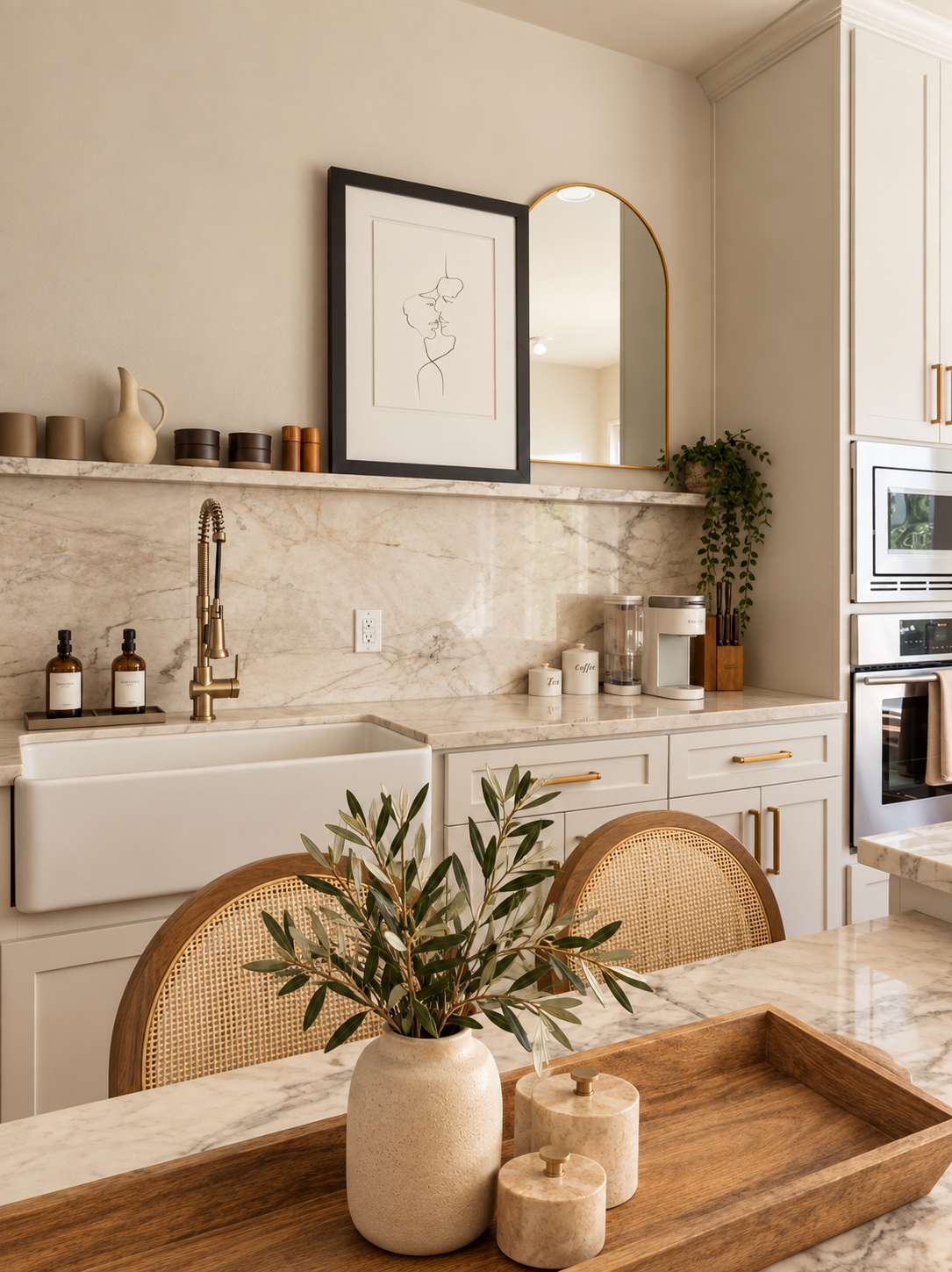Neutral kitchen with farmhouse sink, marble backsplash, white cabinetry and warm woven seating