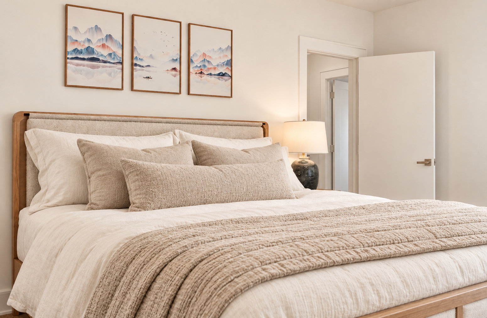 Neutral bedroom with layered linen bedding, upholstered bed and three framed artworks.
