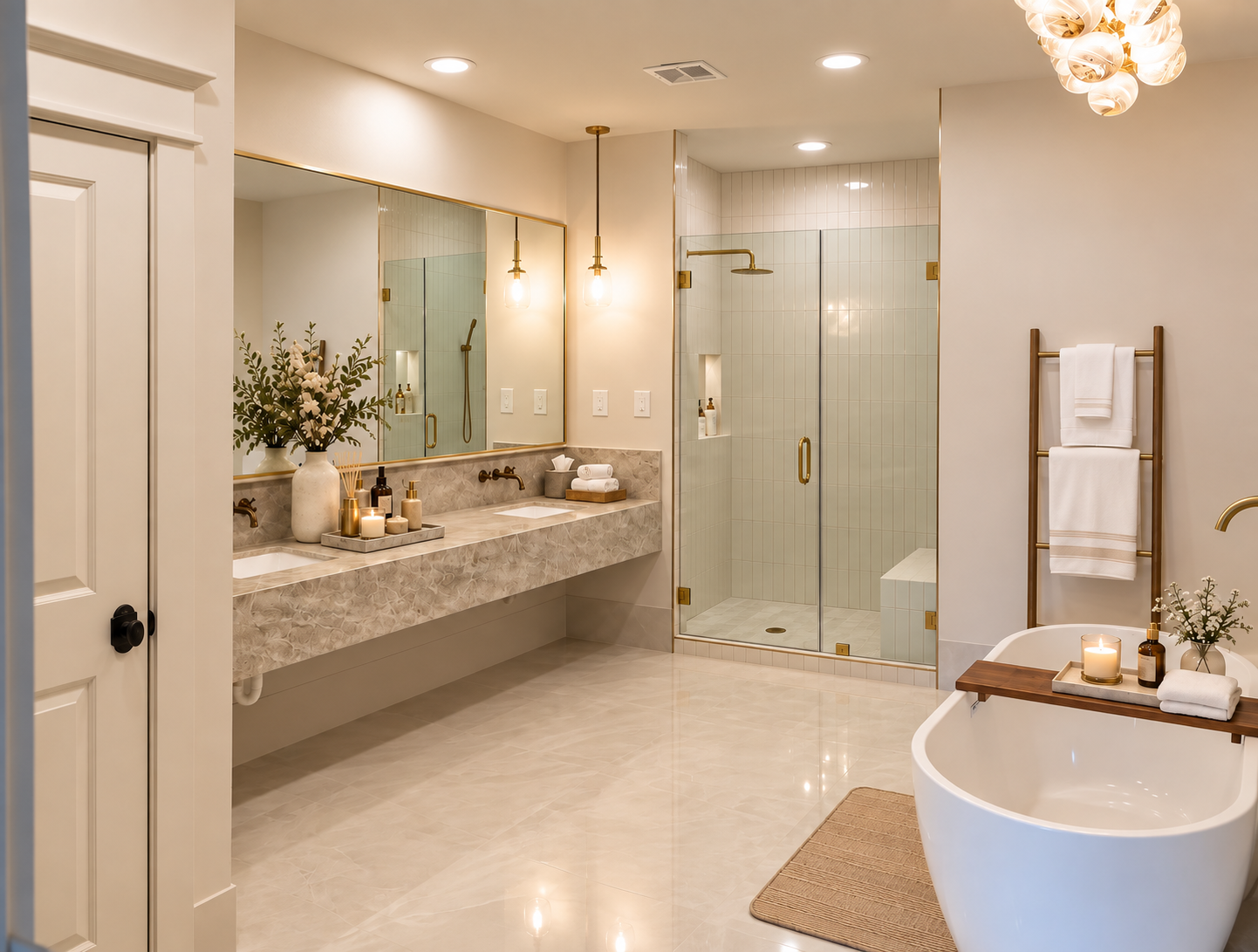 Stone bathroom vanity with large mirror, wall-mounted fixtures, neutral vessels and dried botanical arrangements