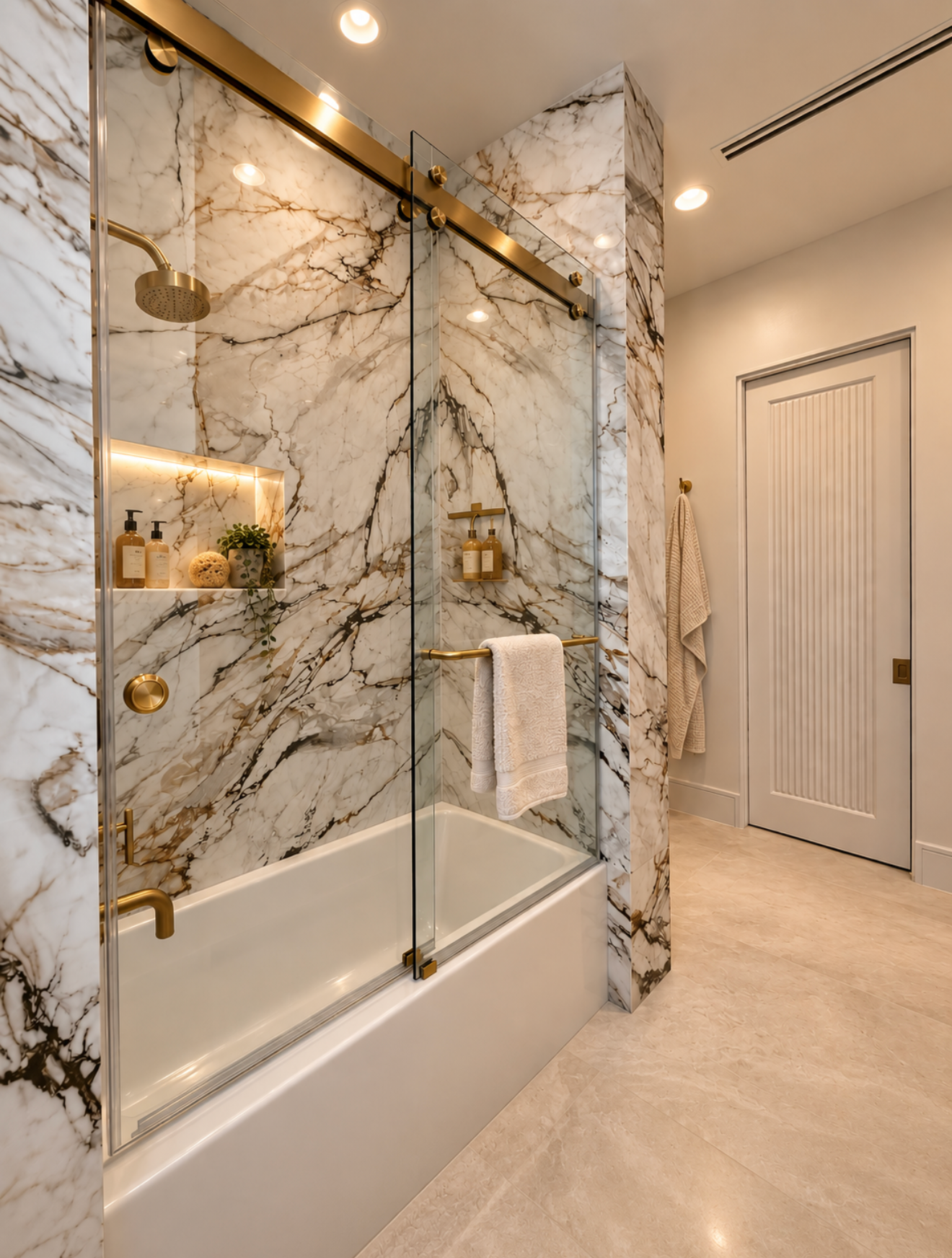 Bathroom with dramatically veined stone shower surround, glass enclosure, built-in niche and warm metal fixtures.