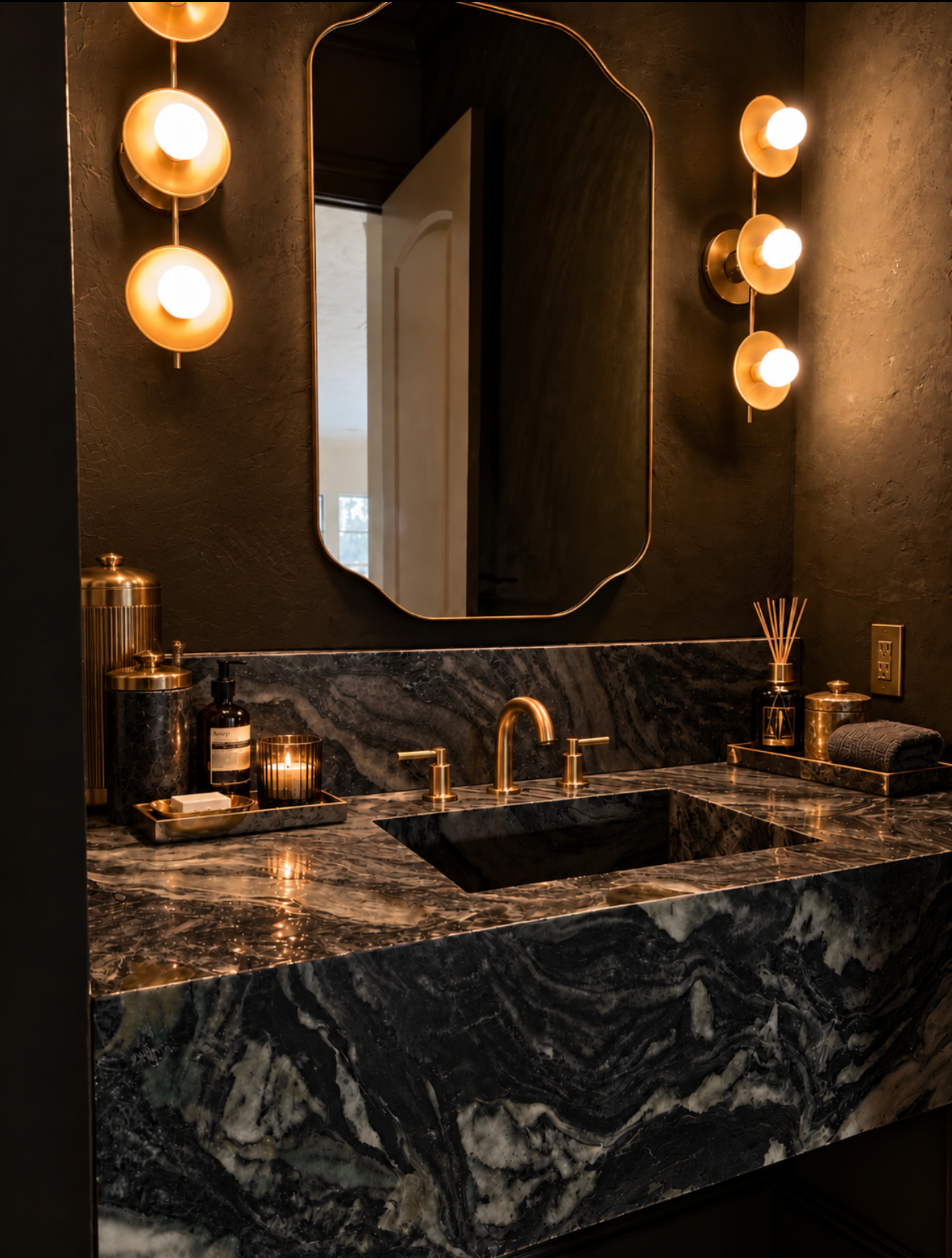 Dark bar with dramatically veined stone countertop and surround, integrated sink, warm metal fixtures and ambient pendant lighting.