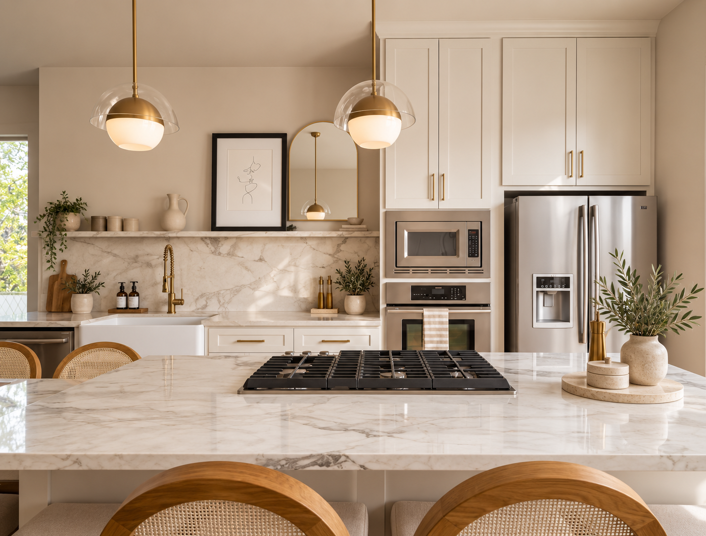 Bright kitchen with marble island, white cabinetry, brass pendant lighting and woven counter stools