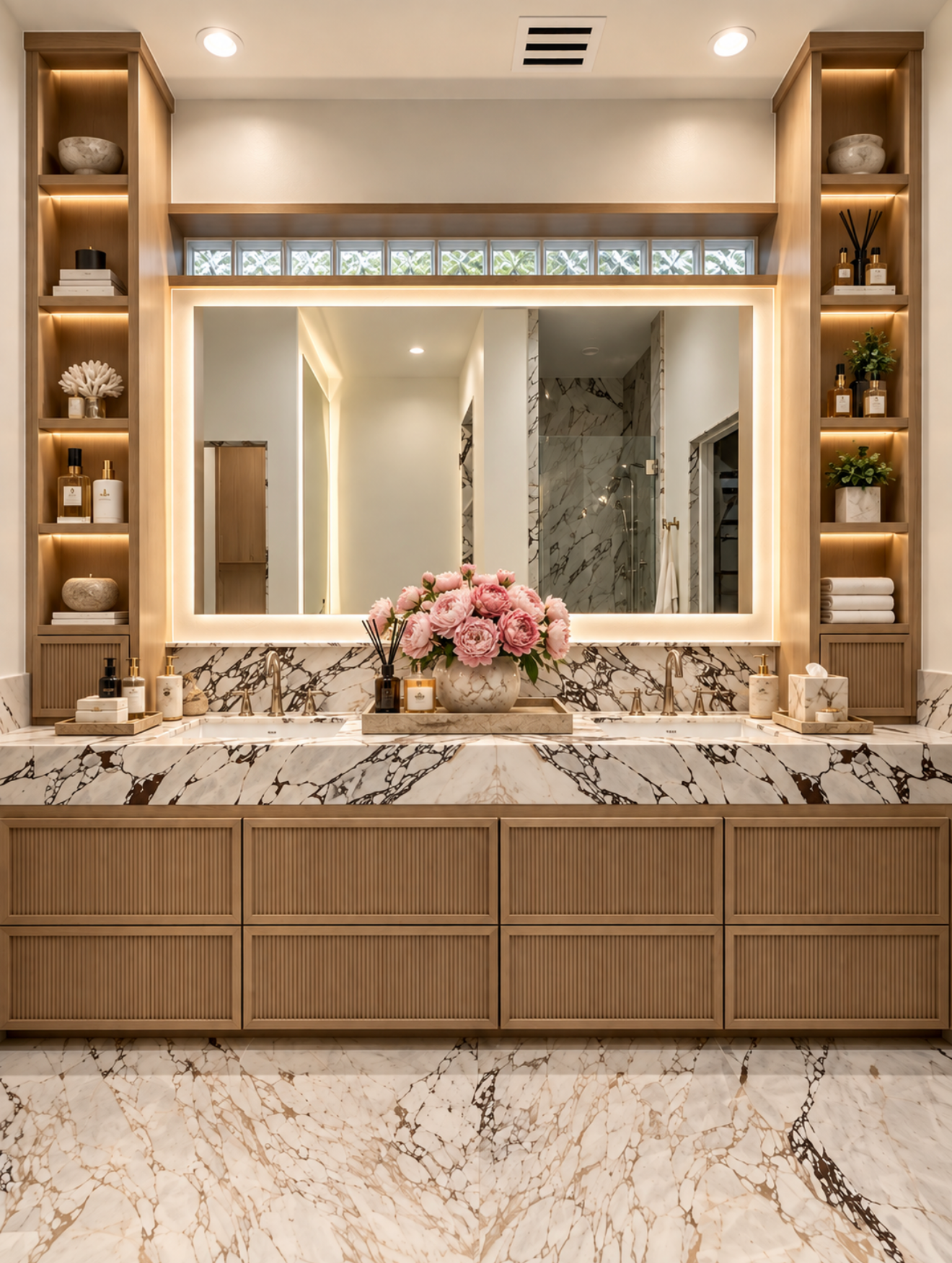 Wide vanity with wood cabinetry, richly veined stone countertop, oversized framed mirror, illuminated shelving and floral arrangement.
