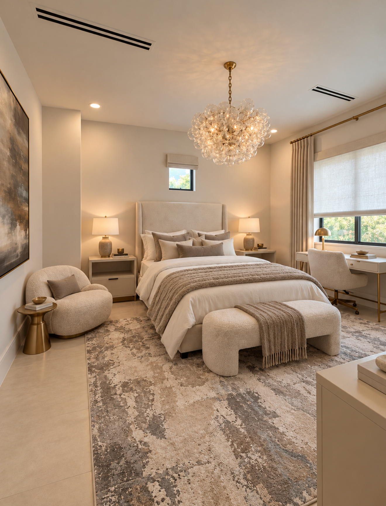 Neutral bedroom with upholstered bed, layered textiles, sculptural chandelier and softly illuminated bedside furnishings.