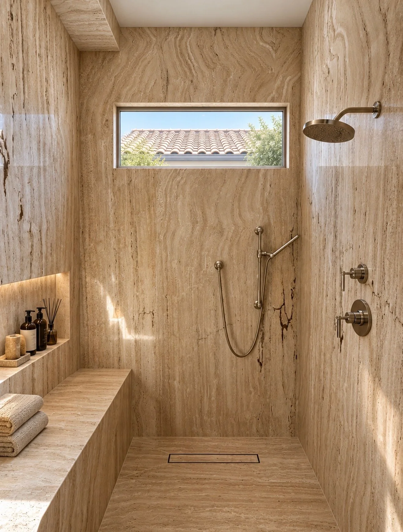 Walk-in shower clad in warm natural stone with built-in bench, recessed niche, rainfall showerhead and dark metal fixtures.