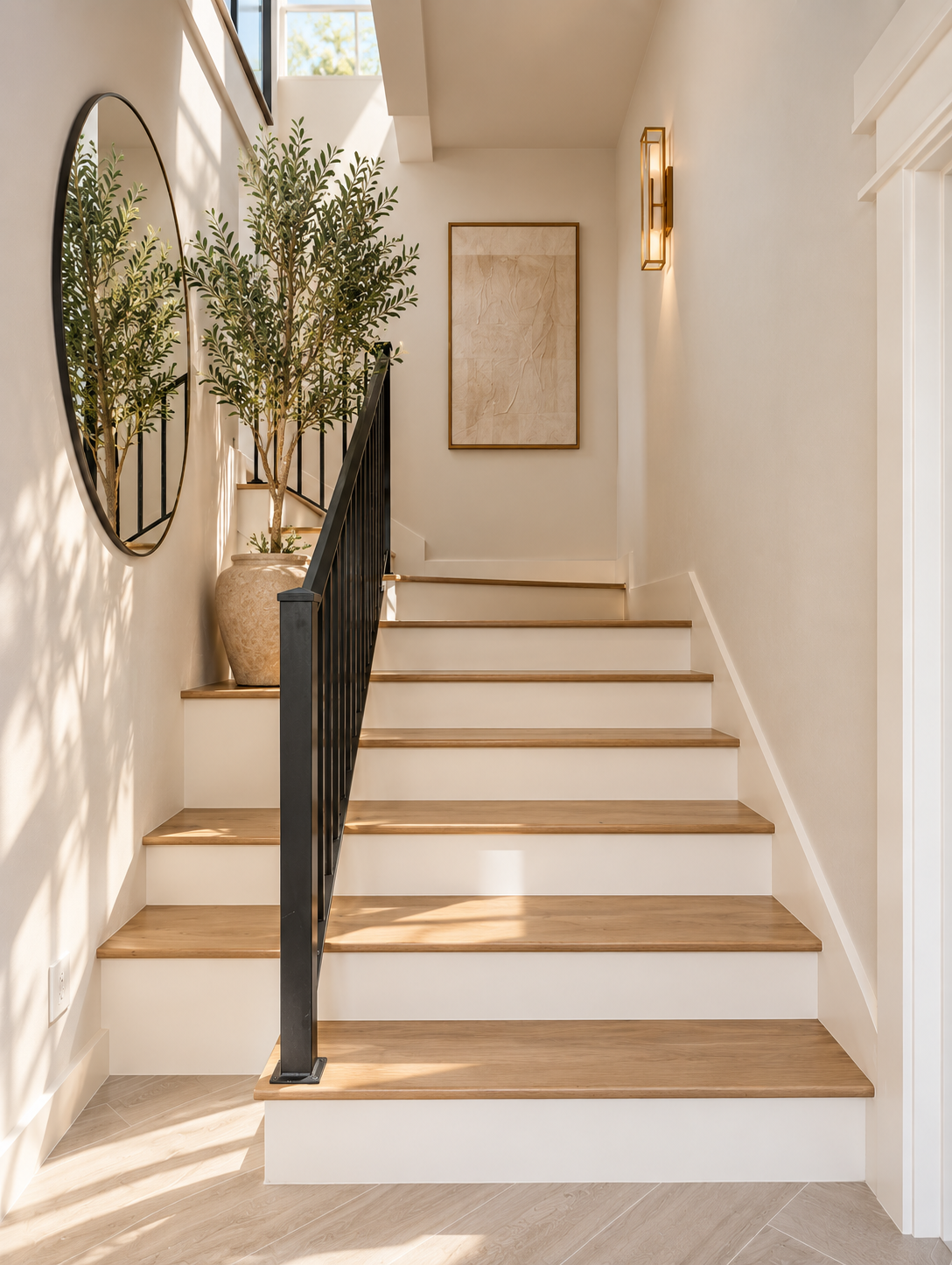 Bright staircase with natural wood treads, white risers, black railing and round wall mirror
