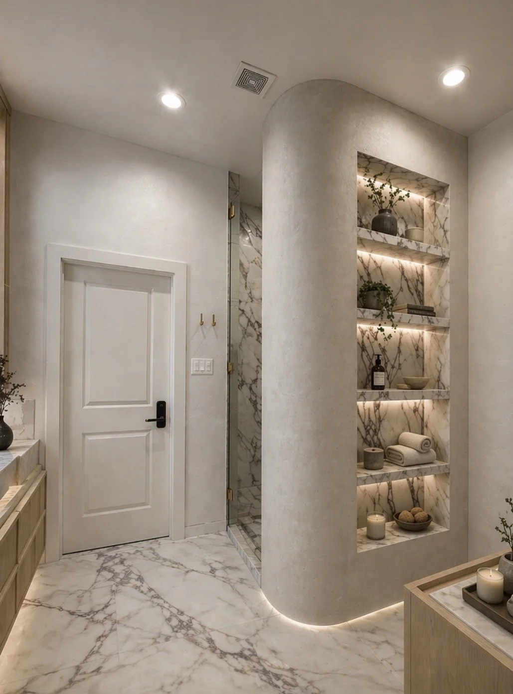 Rounded floor-to-ceiling cabinetry with integrated lighting beside open shelving and a stone floor.