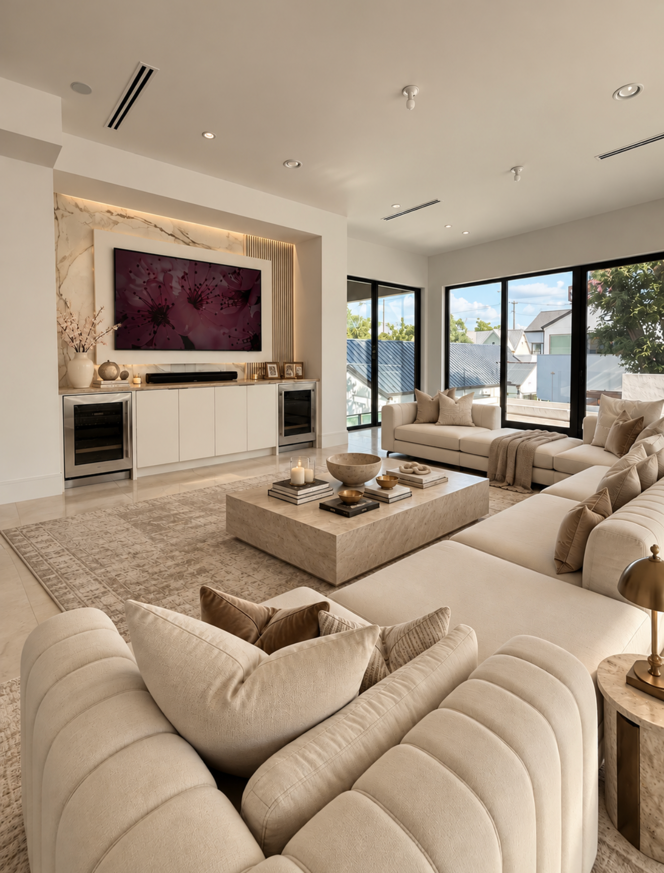 Layered living room with curved neutral seating, substantial coffee table, media wall and large black-framed windows.