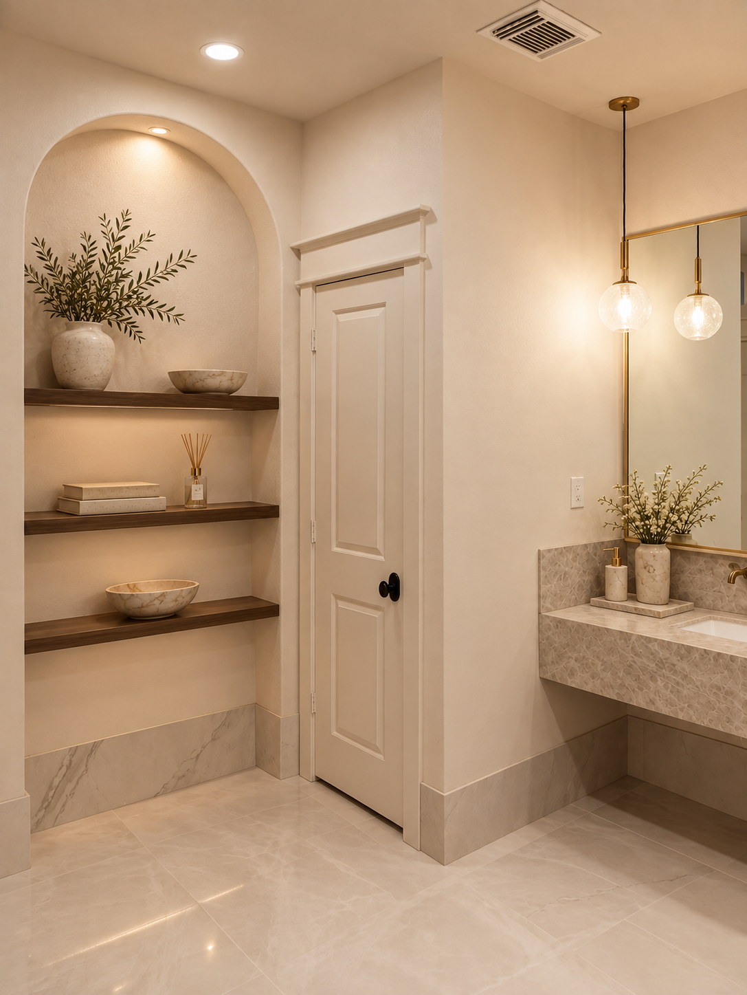 Neutral bathroom with open wood shelving, stone vanity, arched wall detail and modern pendant lighting