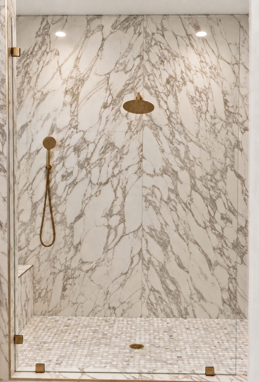 Walk-in shower wrapped in heavily veined marble with brass rainfall and handheld shower fixtures.