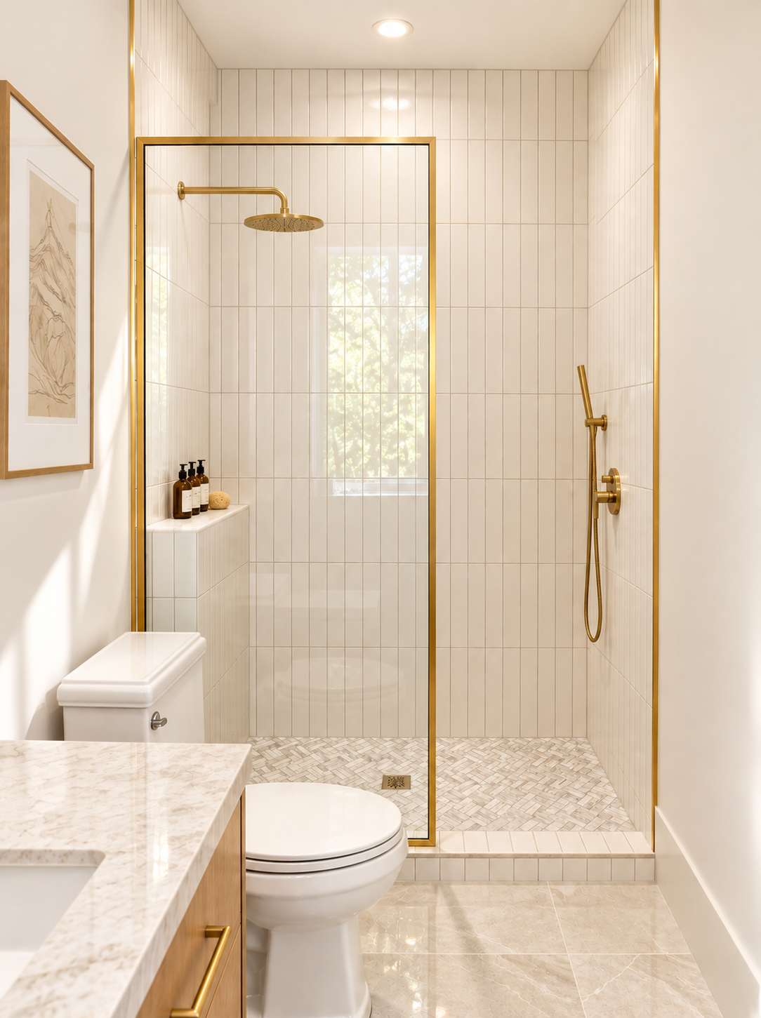 Walk-in shower with glass enclosure, brass trim, white tile and patterned stone flooring 