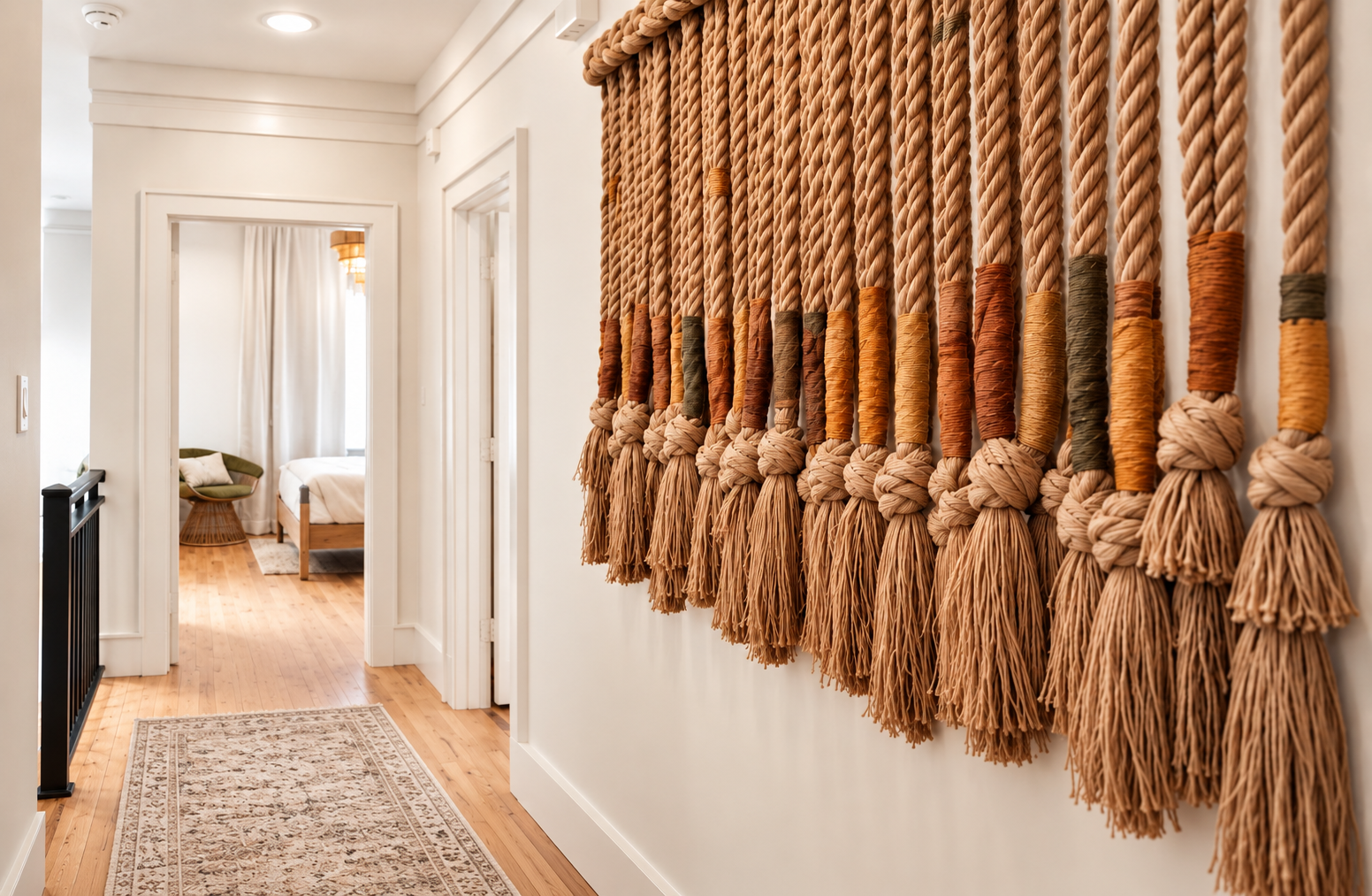 Hallway featuring a large handwoven fiber wall hanging with warm natural tones and tassel detailing.