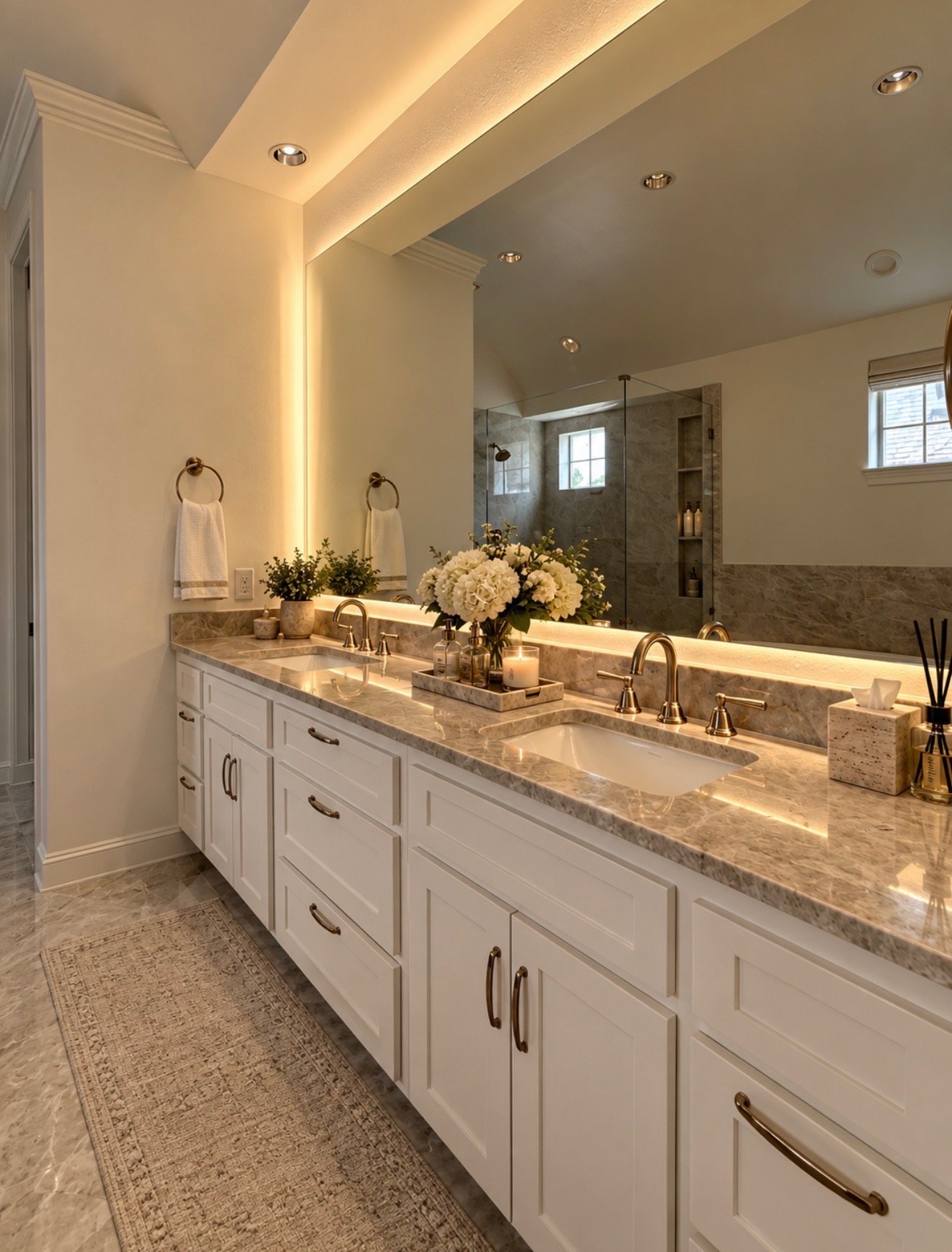 Long bathroom vanity with white inset cabinetry, natural stone countertop, expansive mirror and dark metal hardware.