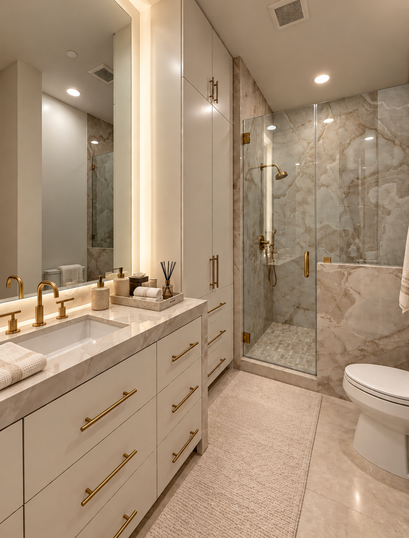 Spacious bathroom with long double vanity, light cabinetry, stone surfaces and glass-enclosed shower.