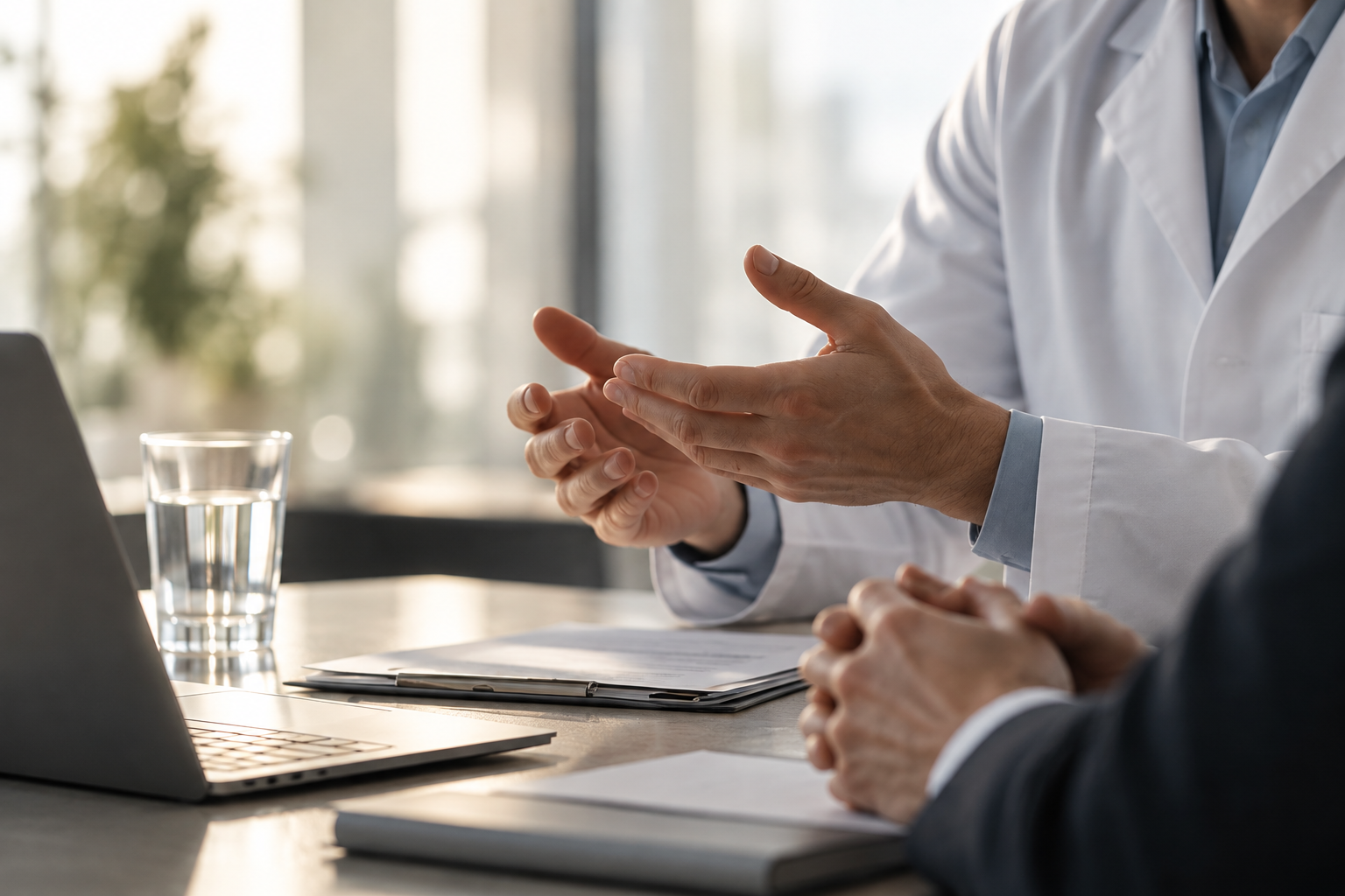 A doctor in a white coat explaining something to a person in a suit during a meeting, with a laptop, a glass of water, and documents on the table.
