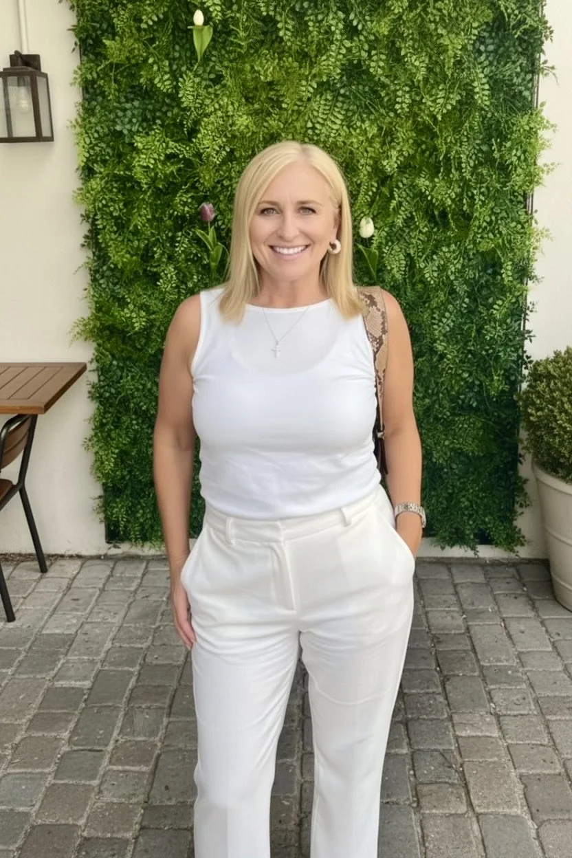 A woman with blonde hair wearing a white sleeveless top and white trousers, smiling outdoors in front of a lush green wall with two tulips. She has earrings, a necklace, and a watch.