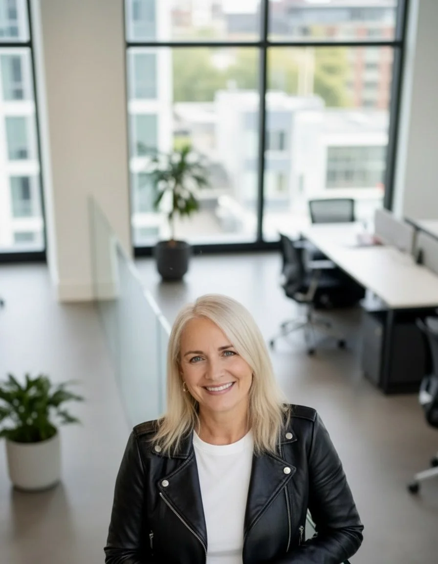 Smiling blonde woman in black leather jacket sitting at a desk in a modern office with large windows and plants.