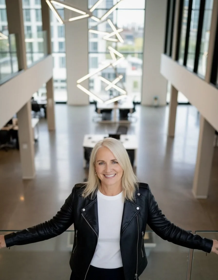 Woman with blonde hair smiling at camera inside a modern office building with large windows and contemporary lighting fixtures.