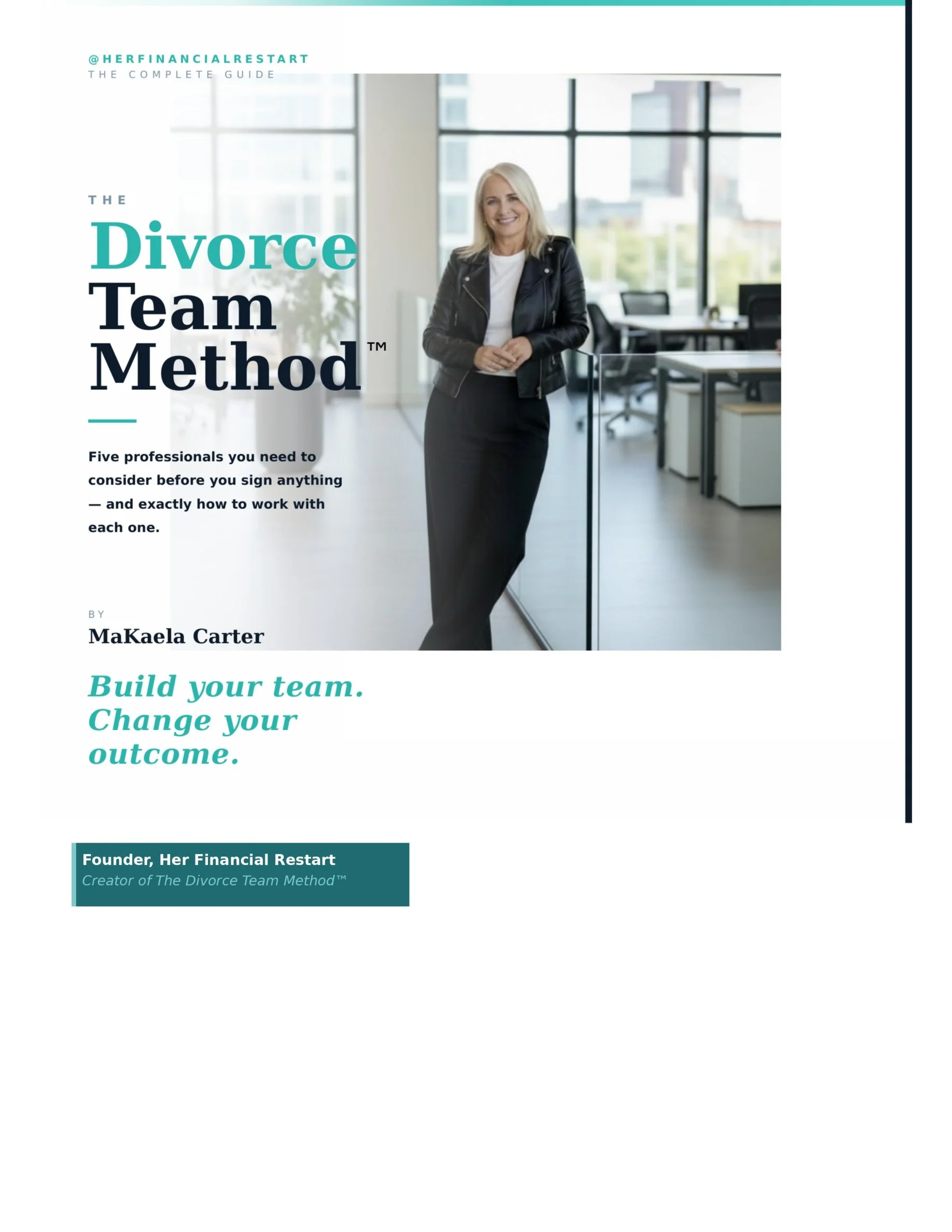 Cover of a guide titled 'The Divorce Team Method' featuring a woman with blonde hair in a leather jacket smiling in an office with large windows.