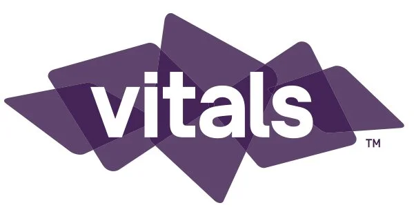 Logo with the word 'vitals' in lowercase white letters on a purple abstract background.