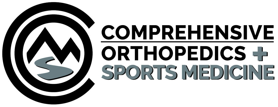 Logo of Comprehensive Orthopedics and Sports Medicine, featuring stylized mountains, a winding road, and a plus sign.