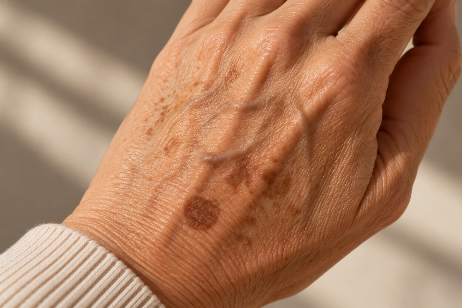 close-up van een hand met pigmentvlekken.