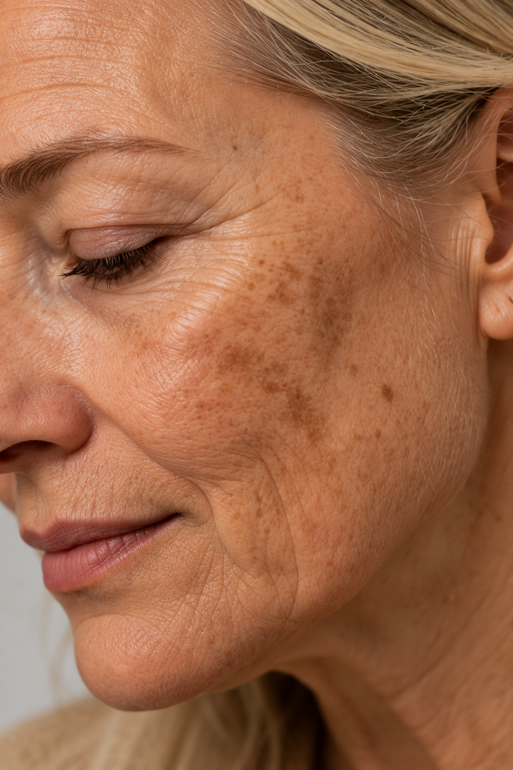 Close-up van een vrouw met zonnebrand en sproeten op haar wang, met haar ogen gesloten.