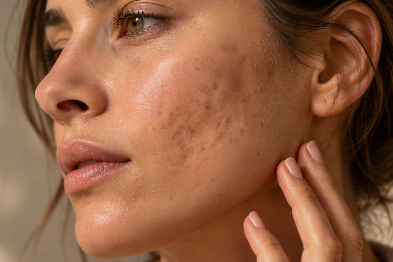 Close-up van een vrouw met een onzuivere huid en acne op haar wang, die haar hand aan haar gezicht houdt.