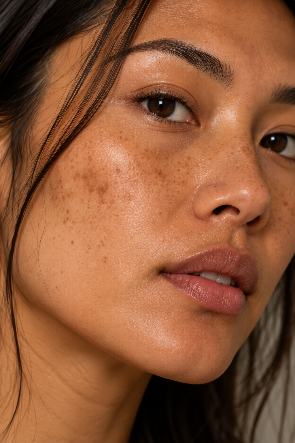 Close-up van een vrouw met bruine ogen, lichte huid met sproeten, en donkere haar.