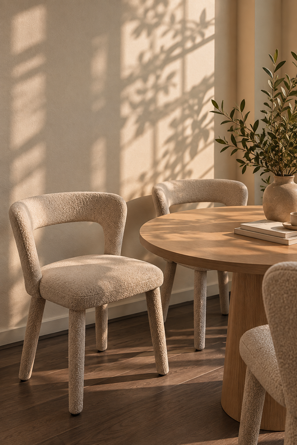 Een interieur met een ronde houten tafel, beige stoffen stoelen, een grote plant in een vaas, en zachte zonneschaduw op de muur.