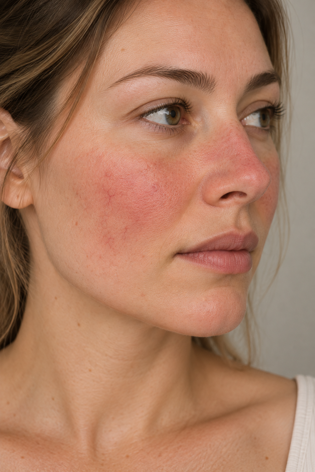 Close-up van een vrouw met een rood gezicht en zichtbare huidirritatie op haar wang en neus, witte achtergrond.