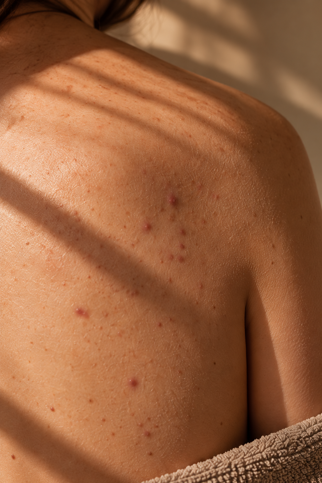 Close-up van een schouder en borst met acne en rode bukkeltjes onder natuurlijk daglicht.