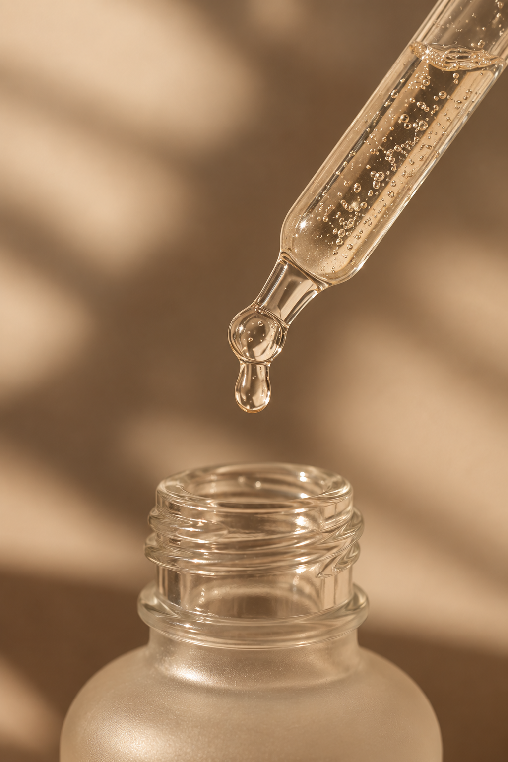 Een pipet die een vloeistof in een glazen flesje druppelt.