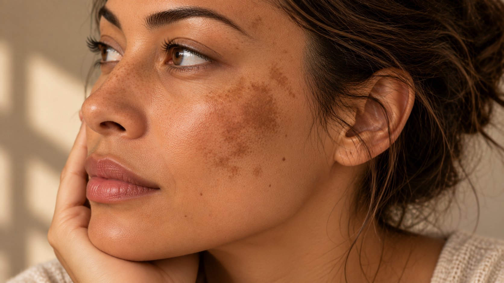 Close-up van een vrouw met sproeten die haar gezicht rust op haar hand, haar haar is donker en gekruld, en ze heeft een neutrale uitdrukking.
