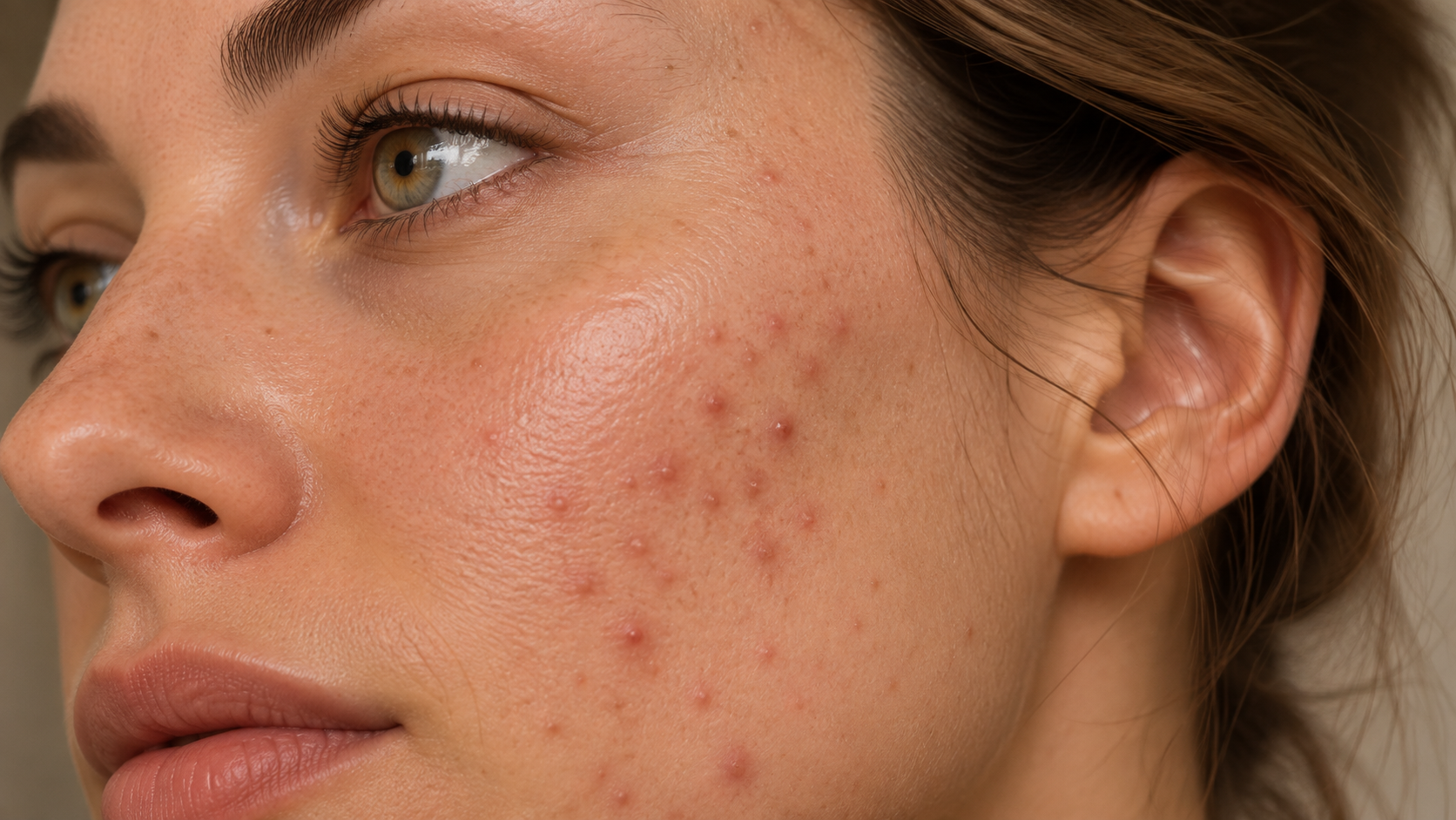 Close-up van een vrouw met een onzuivere huid, acne en ontstekingen op haar wang.