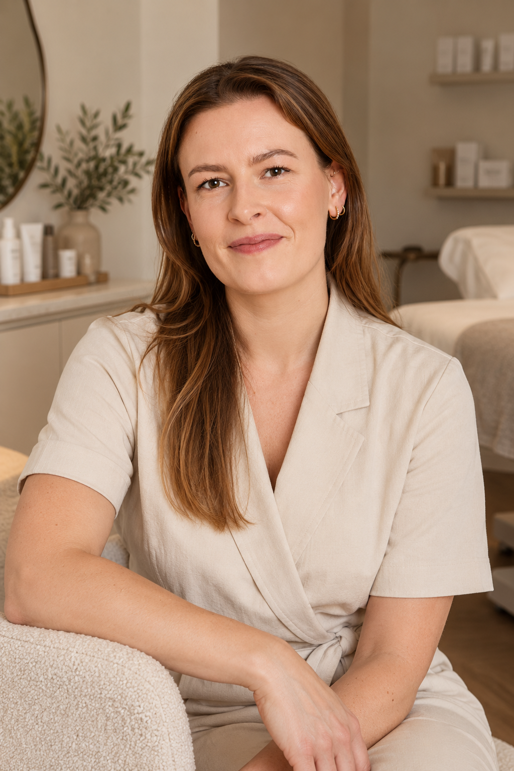 Een vrouw met bruin haar en lichte huid die glimlacht, zittend in een huidtherapiepraktijk, gekleed in een beige top.