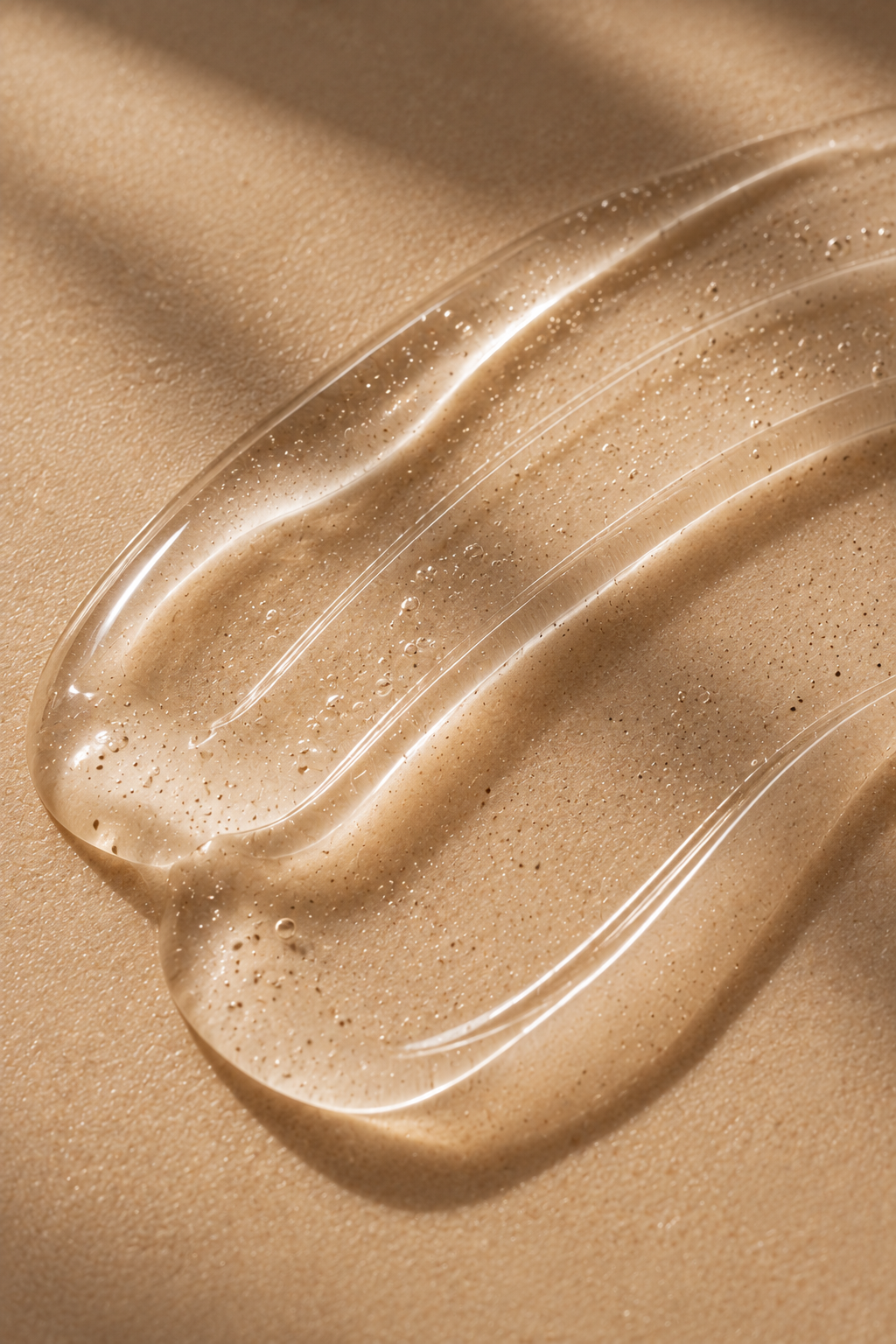 Twee transparante gel- of lotionstructuren op een beige achtergrond.