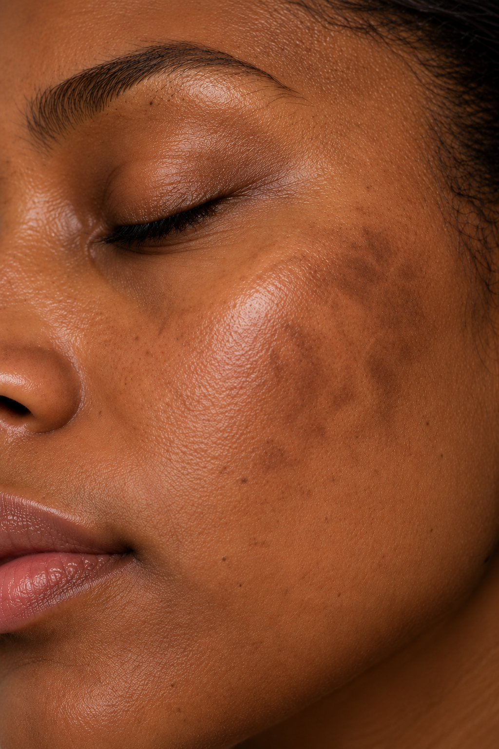 Close-up van een vrouw met gesloten ogen, getinte huid, pigmentvlekken en donkere wenkbrauwen.